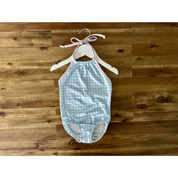 Bailey Boys Blue Pink Gingham One Piece Tank Swimsuit Classic Preppy Beach 4T - Picture 2 of 7